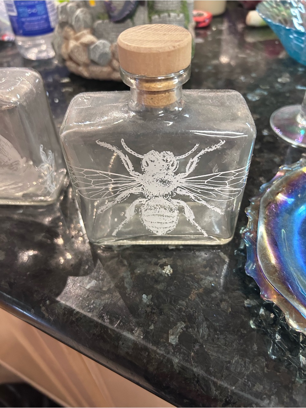 Clear Glass Bee Art Bottle with Cork - Decorative Home Accent